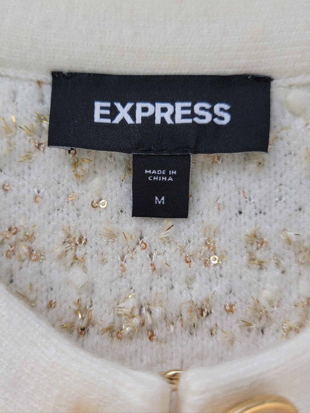 Express Cream Gold Metallic tweed Bouclé Knit Cardigan Jacket Medium clasp chic - Picture 2 of 13